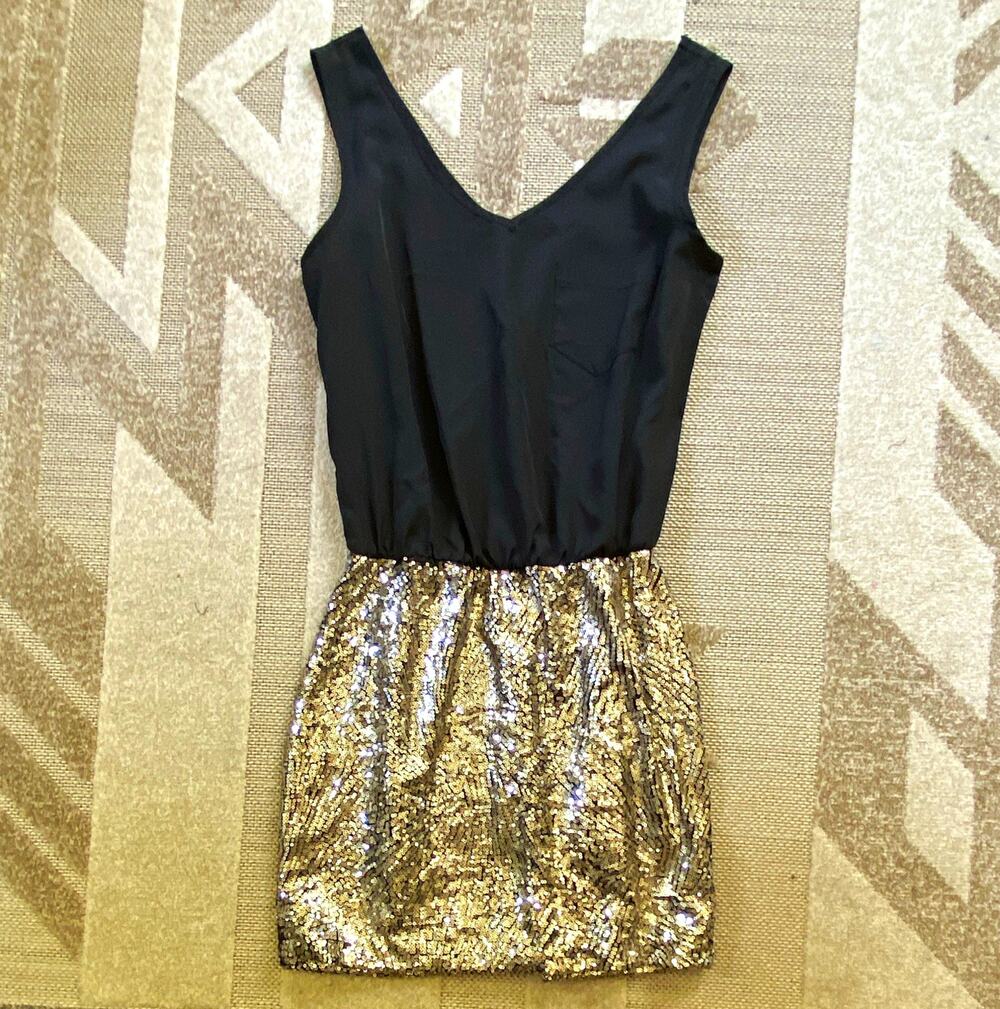 As U Wish Women’s Size S Black/silver Sequin Satin V-Neck Bodycon Mini Dress